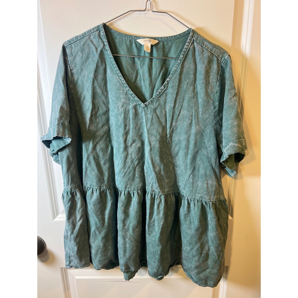 Terra & Sky Womens Peplum Top 100% Lyocell Acid Wash Green 0X 14W